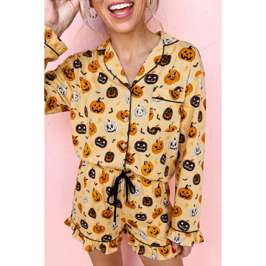 Halloween Pumpkin Print Long Sleeve Two Piece Lounge Set Apparel and Accessories