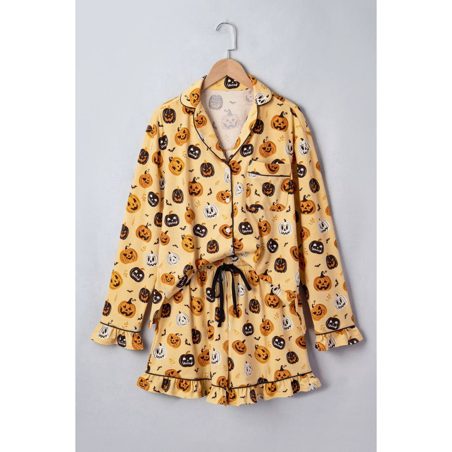 Halloween Pumpkin Print Long Sleeve Two Piece Lounge Set Apparel and Accessories
