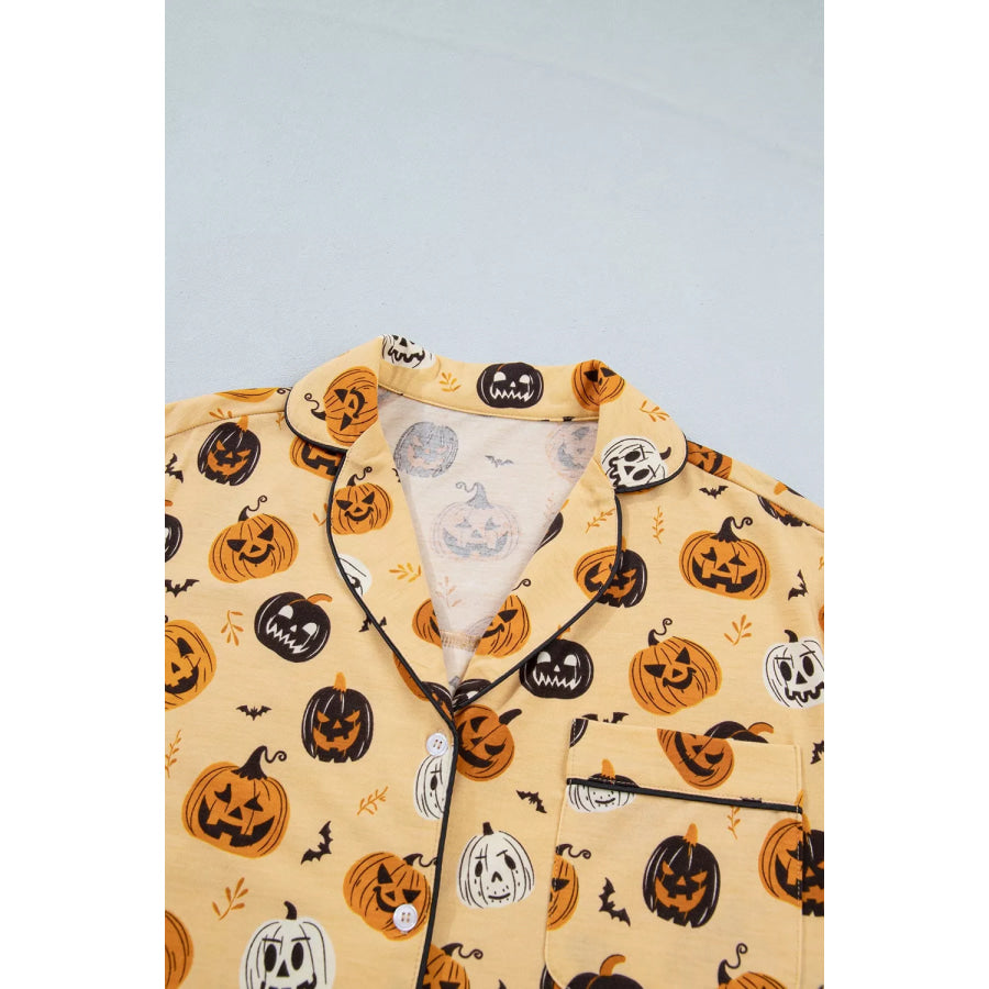 Halloween Pumpkin Print Long Sleeve Two Piece Lounge Set Apparel and Accessories