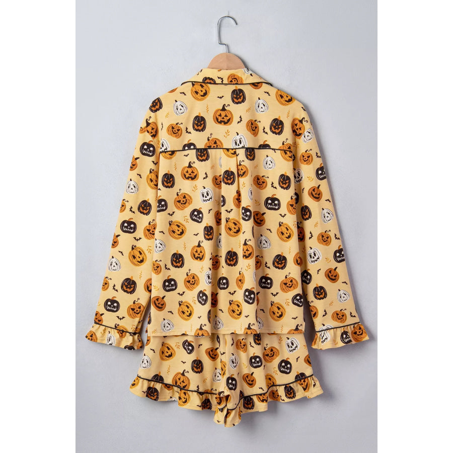 Halloween Pumpkin Print Long Sleeve Two Piece Lounge Set Apparel and Accessories