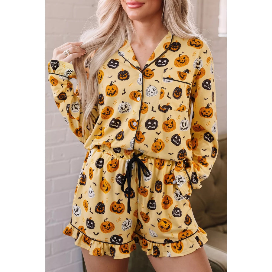 Halloween Pumpkin Print Long Sleeve Two Piece Lounge Set Gold / S Apparel and Accessories