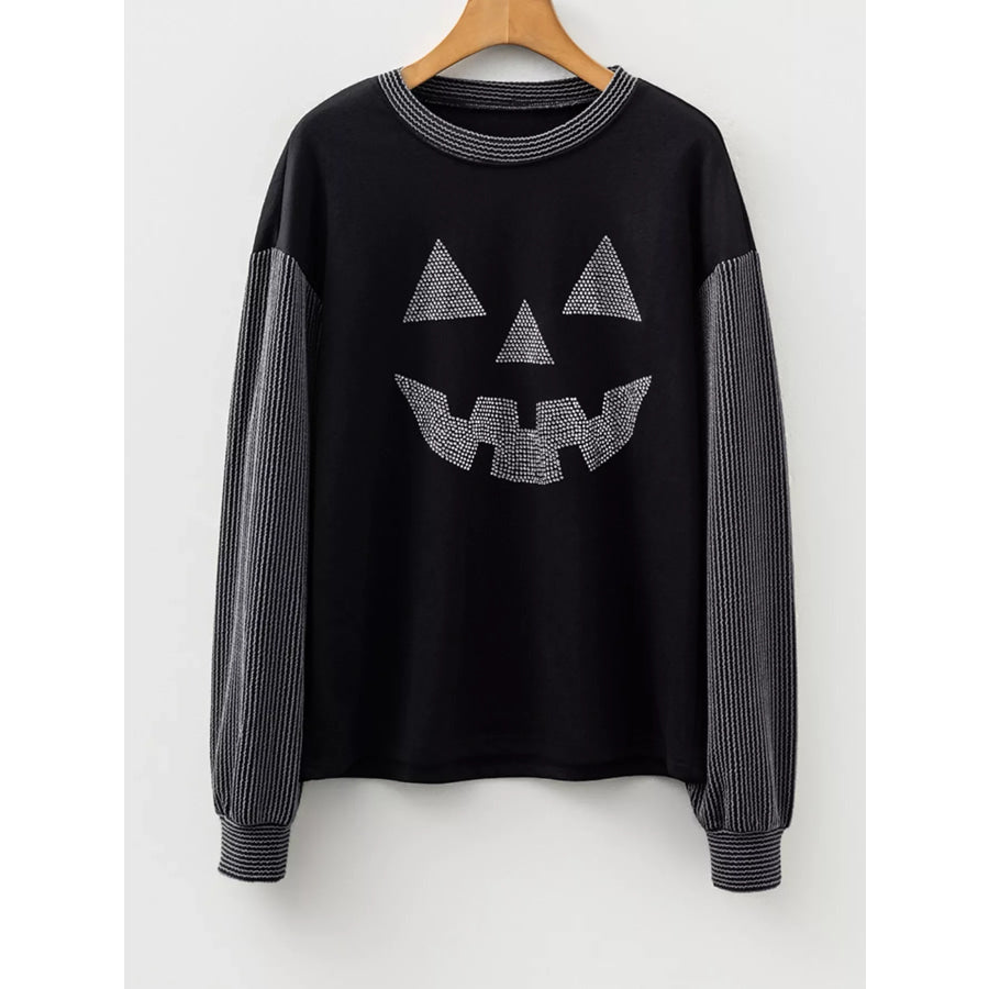 Halloween Rhinestone Pumpkin Face Contrast Ribbed Long Sleeve Patchwork Top Apparel and Accessories