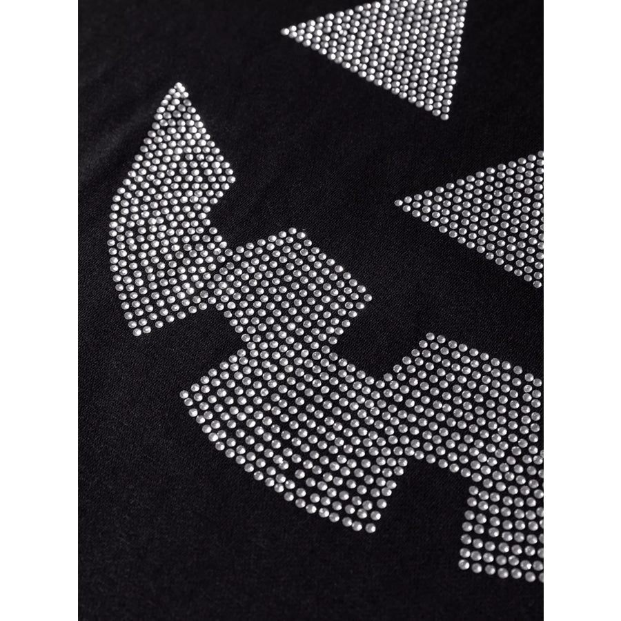 Halloween Rhinestone Pumpkin Face Contrast Ribbed Long Sleeve Patchwork Top Apparel and Accessories