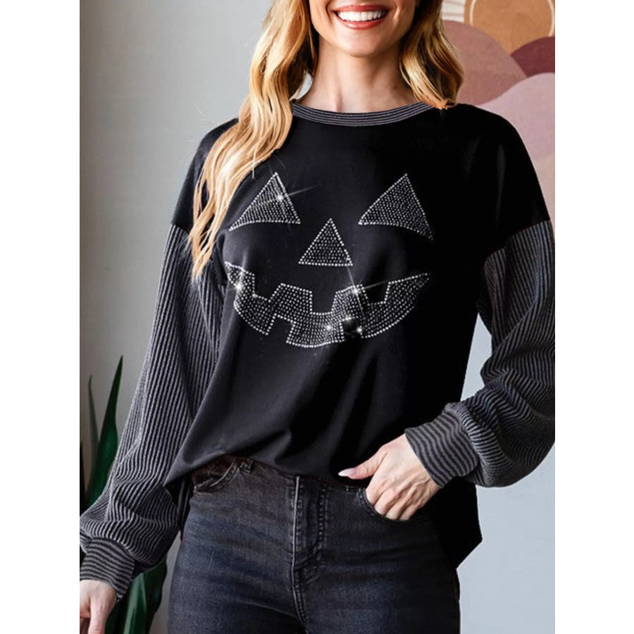 Halloween Rhinestone Pumpkin Face Contrast Ribbed Long Sleeve Patchwork Top Apparel and Accessories