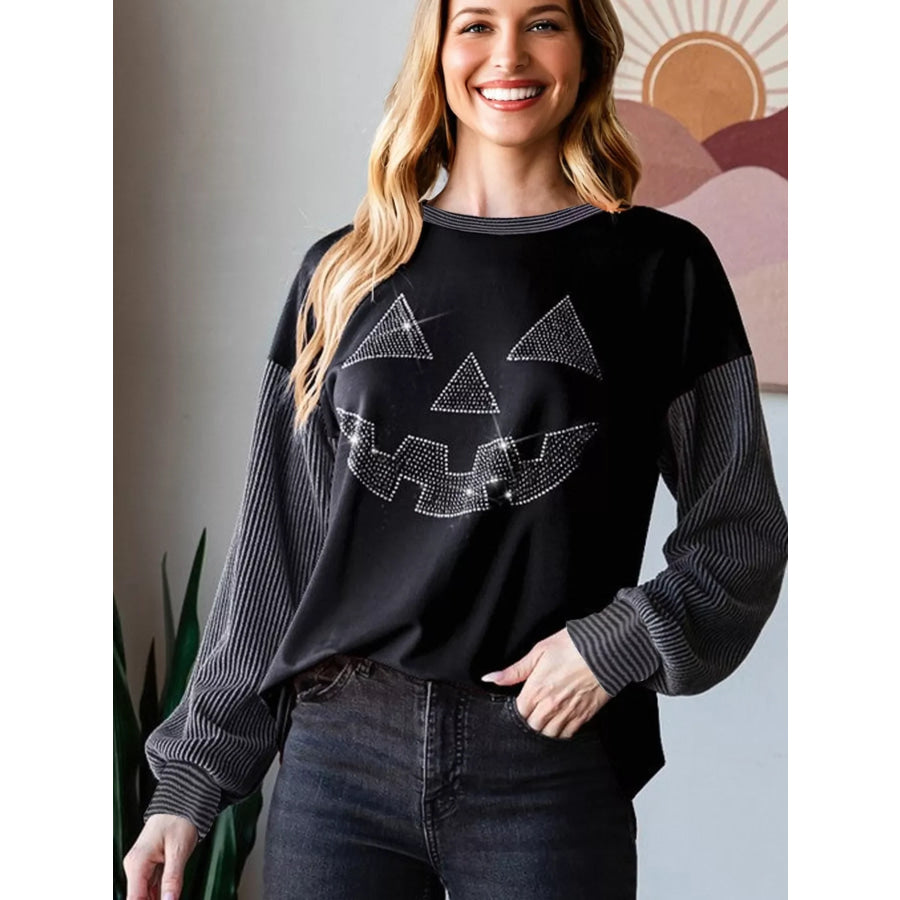 Halloween Rhinestone Pumpkin Face Contrast Ribbed Long Sleeve Patchwork Top Black / S Apparel and Accessories