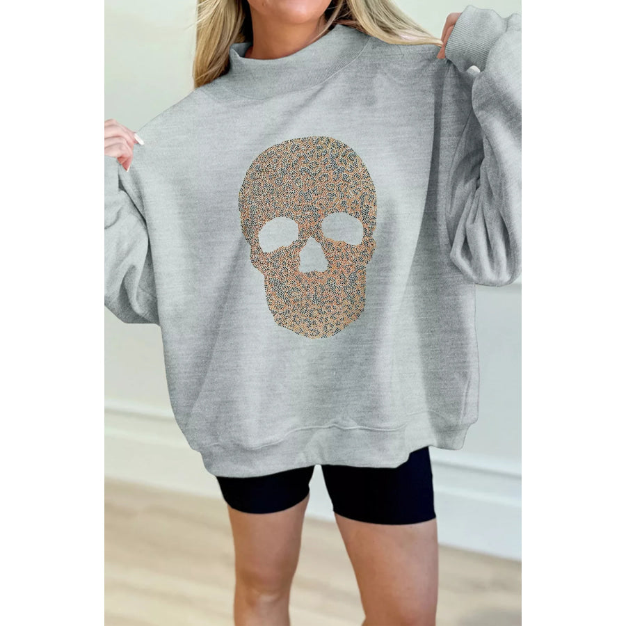 Halloween Rhinestone Skull Graphic Mock Neck Baggy Pullover Sweatshirt Apparel and Accessories