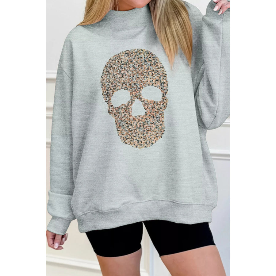 Halloween Rhinestone Skull Graphic Mock Neck Baggy Pullover Sweatshirt Apparel and Accessories