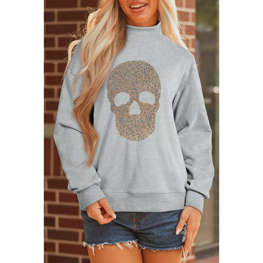 Halloween Rhinestone Skull Graphic Mock Neck Baggy Pullover Sweatshirt Apparel and Accessories