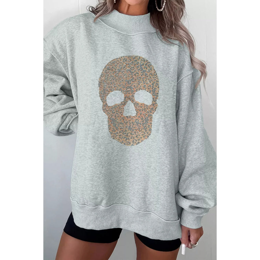 Halloween Rhinestone Skull Graphic Mock Neck Baggy Pullover Sweatshirt Gray / S Apparel and Accessories