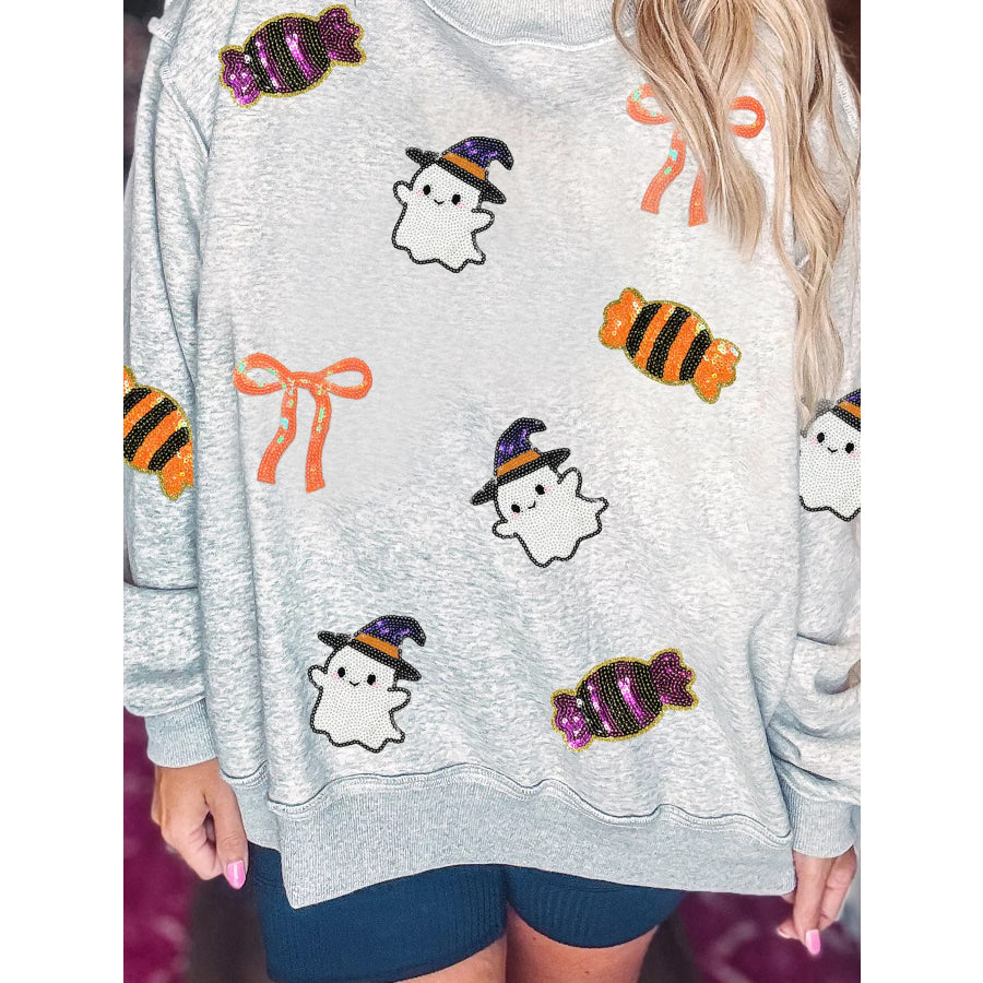 Halloween Sequin Ghost Candy Pullover Graphic Sweatshirt Light Gray / S Apparel and Accessories