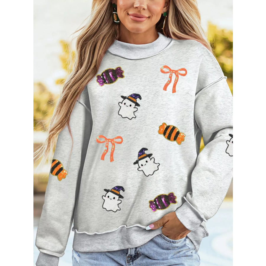 Halloween Sequin Ghost Candy Pullover Graphic Sweatshirt Light Gray / S Apparel and Accessories