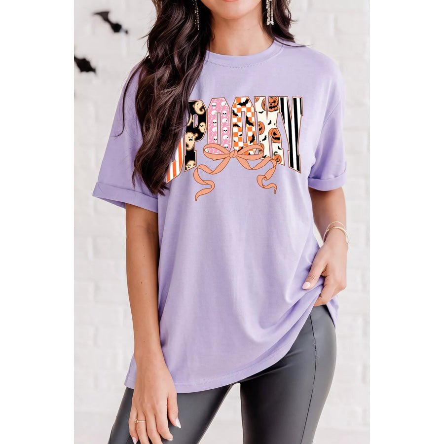 Halloween Spooky Letter Graphic Round Neck Casual T Shirt Apparel and Accessories