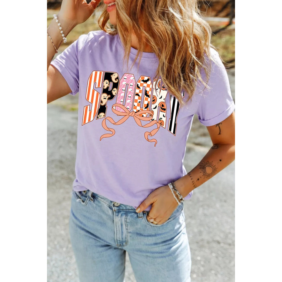Halloween Spooky Letter Graphic Round Neck Casual T Shirt Apparel and Accessories