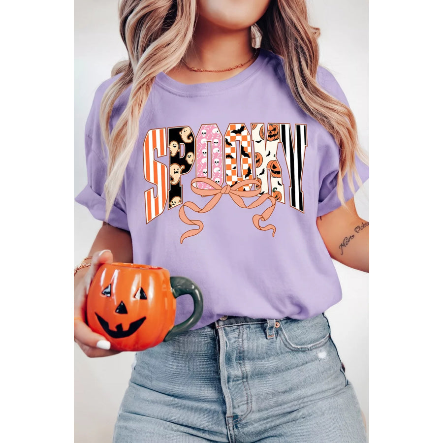 Halloween Spooky Letter Graphic Round Neck Casual T Shirt Pink Purple / S Apparel and Accessories