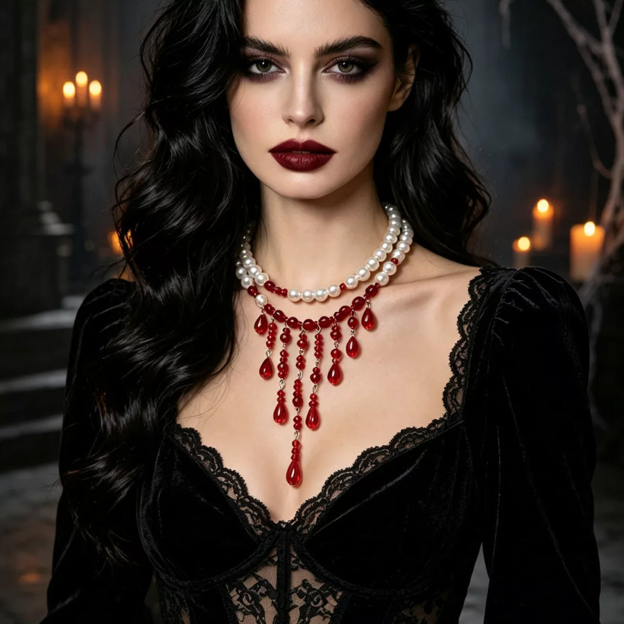 Halloween Teardrop Beaded Double Layered Necklace White / One Size Apparel and Accessories