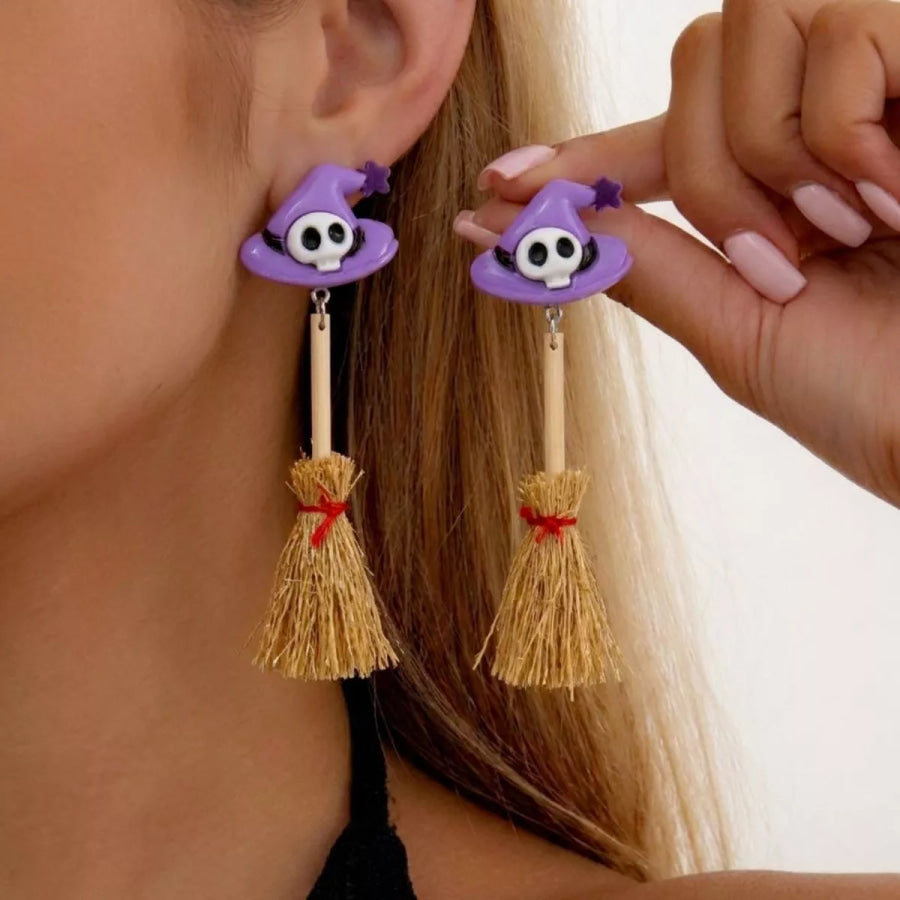 Halloween Witch Hat and Broomstick Dangle Earrings Heliotrope Purple / One Size Apparel Accessories
