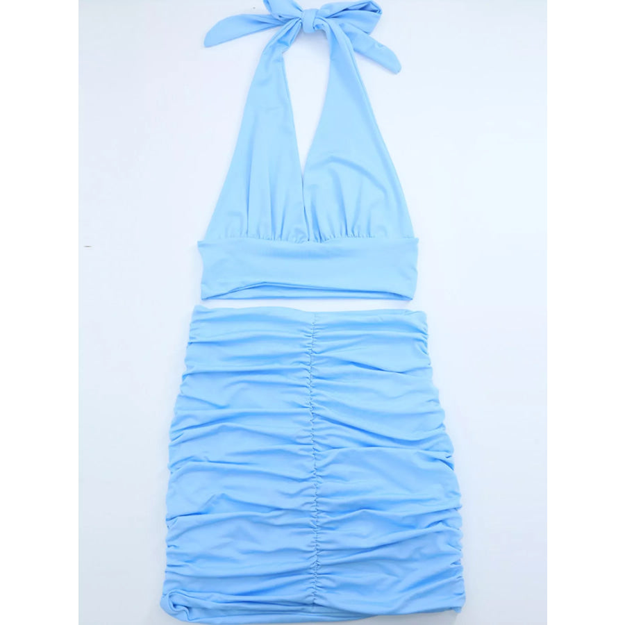 Halter Crop Top and Ruched Bodycon Mini Skirt Set Apparel Accessories