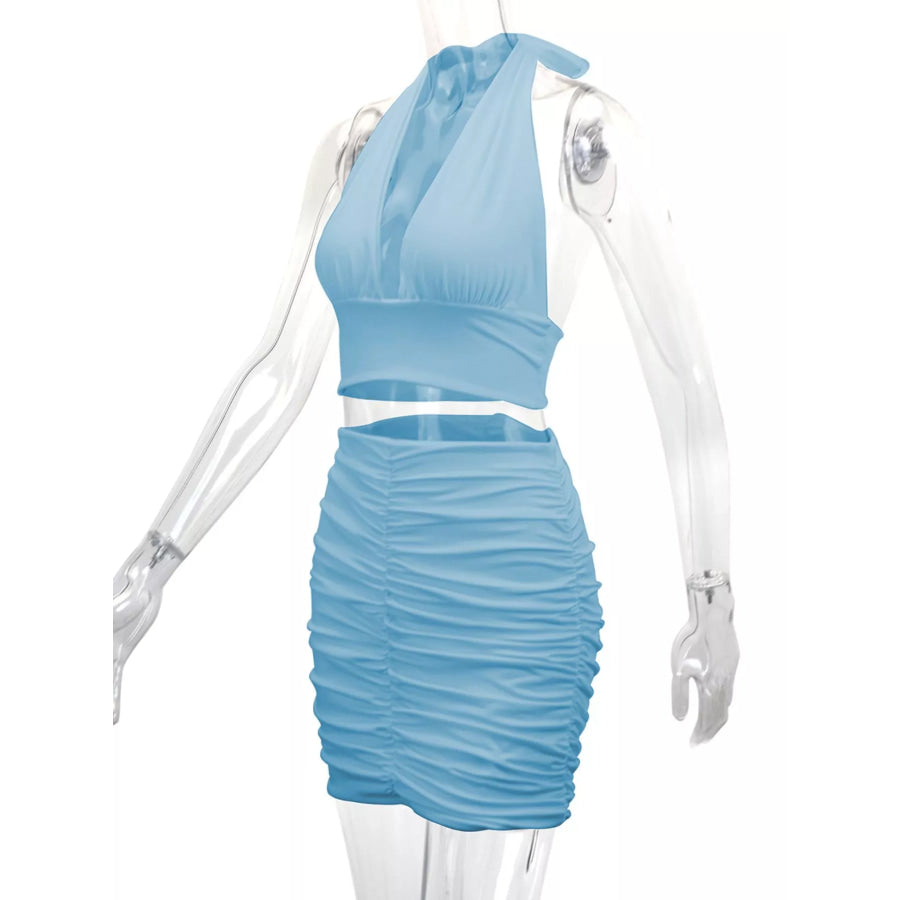 Halter Crop Top and Ruched Bodycon Mini Skirt Set Apparel Accessories