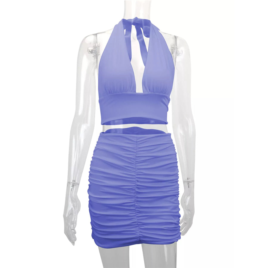 Halter Crop Top and Ruched Bodycon Mini Skirt Set Apparel Accessories