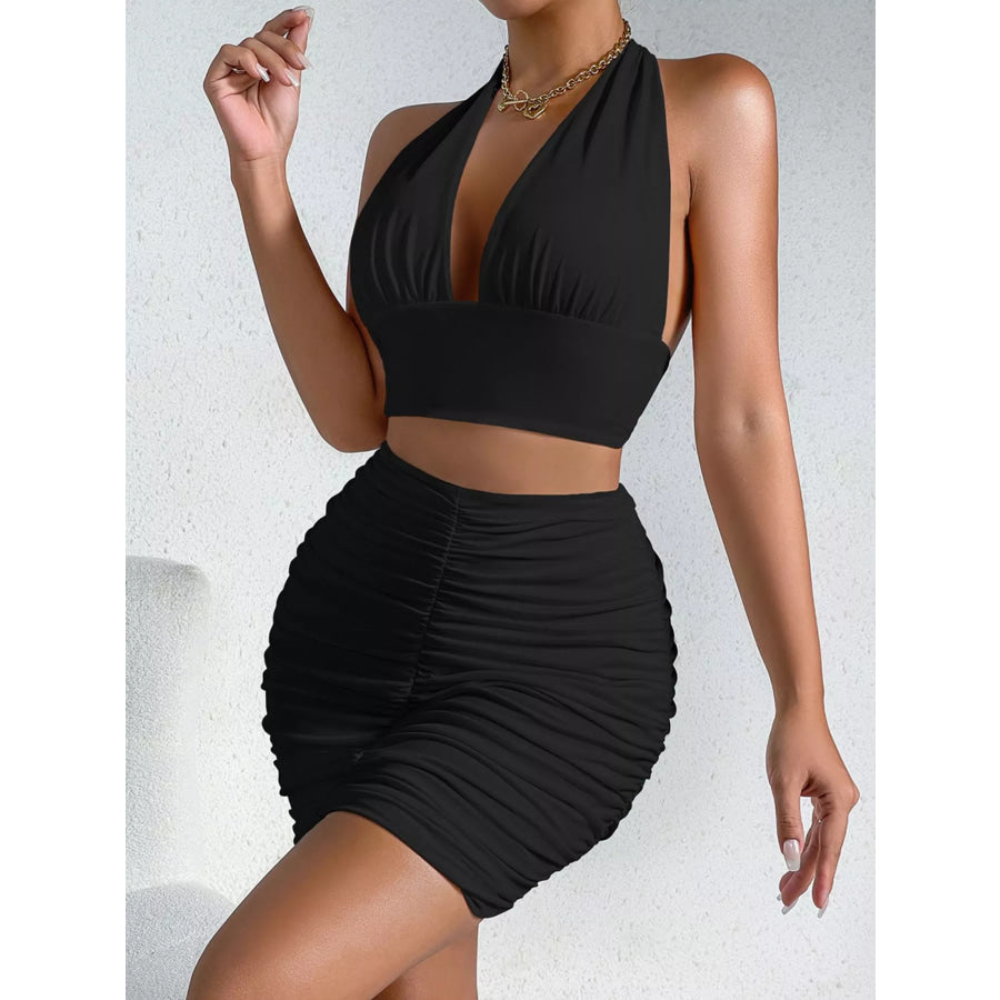 Halter Crop Top and Ruched Bodycon Mini Skirt Set Apparel Accessories