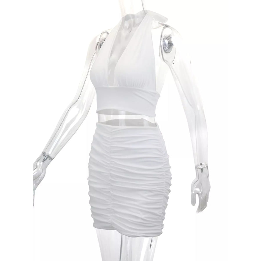 Halter Crop Top and Ruched Bodycon Mini Skirt Set Apparel Accessories