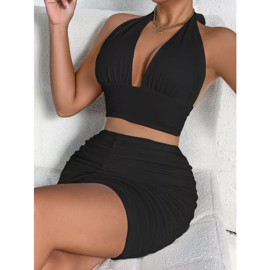 Halter Crop Top and Ruched Bodycon Mini Skirt Set Apparel Accessories