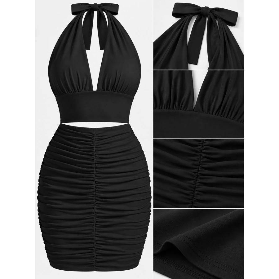 Halter Crop Top and Ruched Bodycon Mini Skirt Set Apparel Accessories