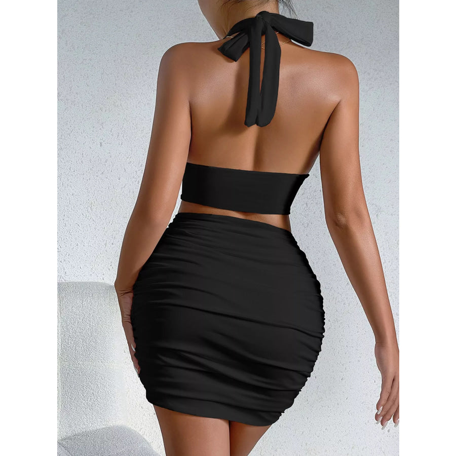 Halter Crop Top and Ruched Bodycon Mini Skirt Set Apparel Accessories