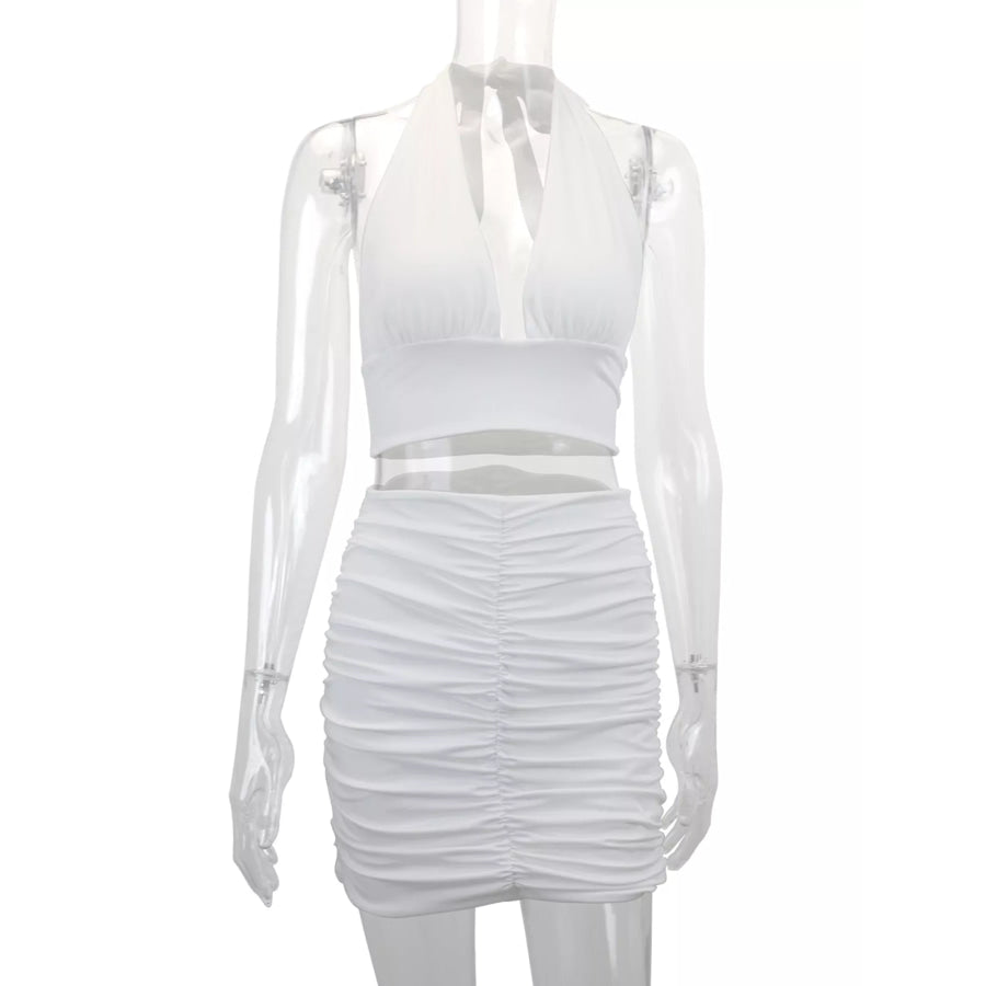 Halter Crop Top and Ruched Bodycon Mini Skirt Set Apparel Accessories