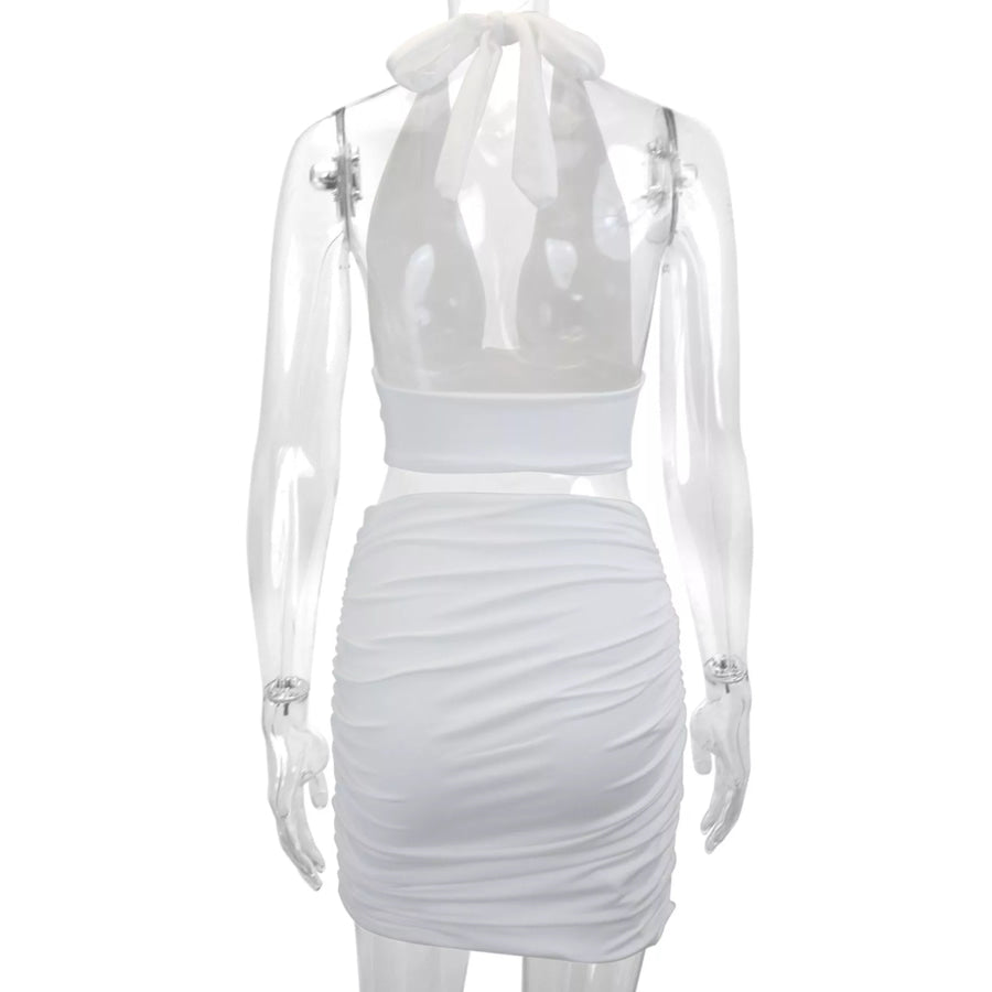 Halter Crop Top and Ruched Bodycon Mini Skirt Set Apparel Accessories