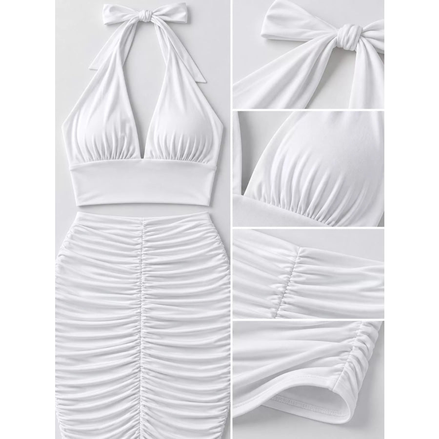 Halter Crop Top and Ruched Bodycon Mini Skirt Set Apparel Accessories