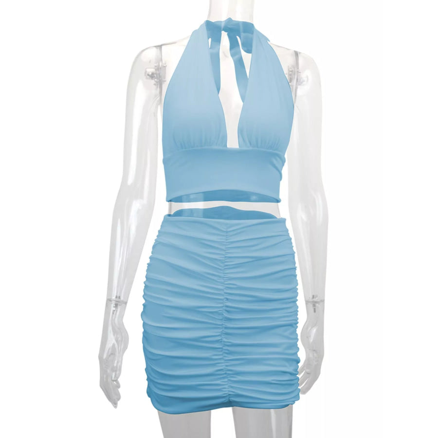 Halter Crop Top and Ruched Bodycon Mini Skirt Set Apparel Accessories