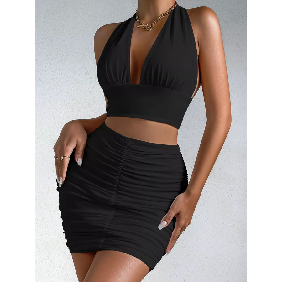 Halter Crop Top and Ruched Bodycon Mini Skirt Set Apparel Accessories