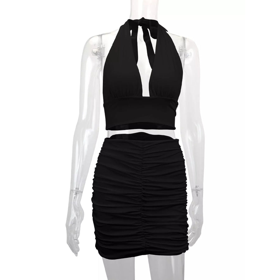 Halter Crop Top and Ruched Bodycon Mini Skirt Set Apparel Accessories