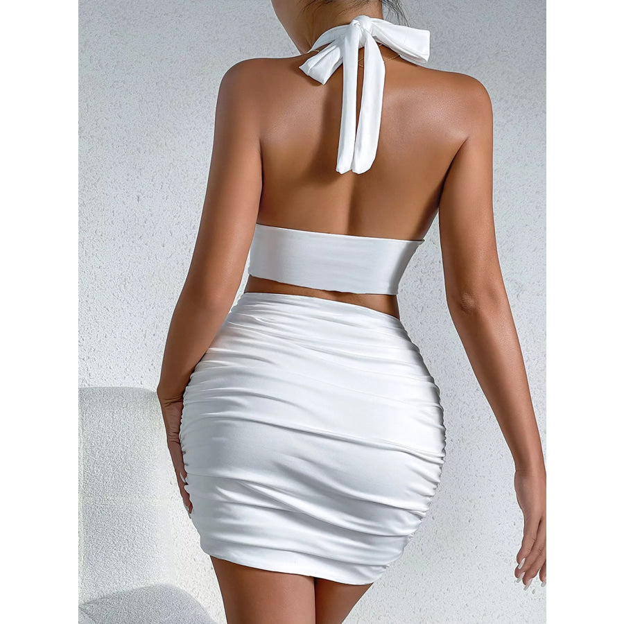 Halter Crop Top and Ruched Bodycon Mini Skirt Set Apparel Accessories