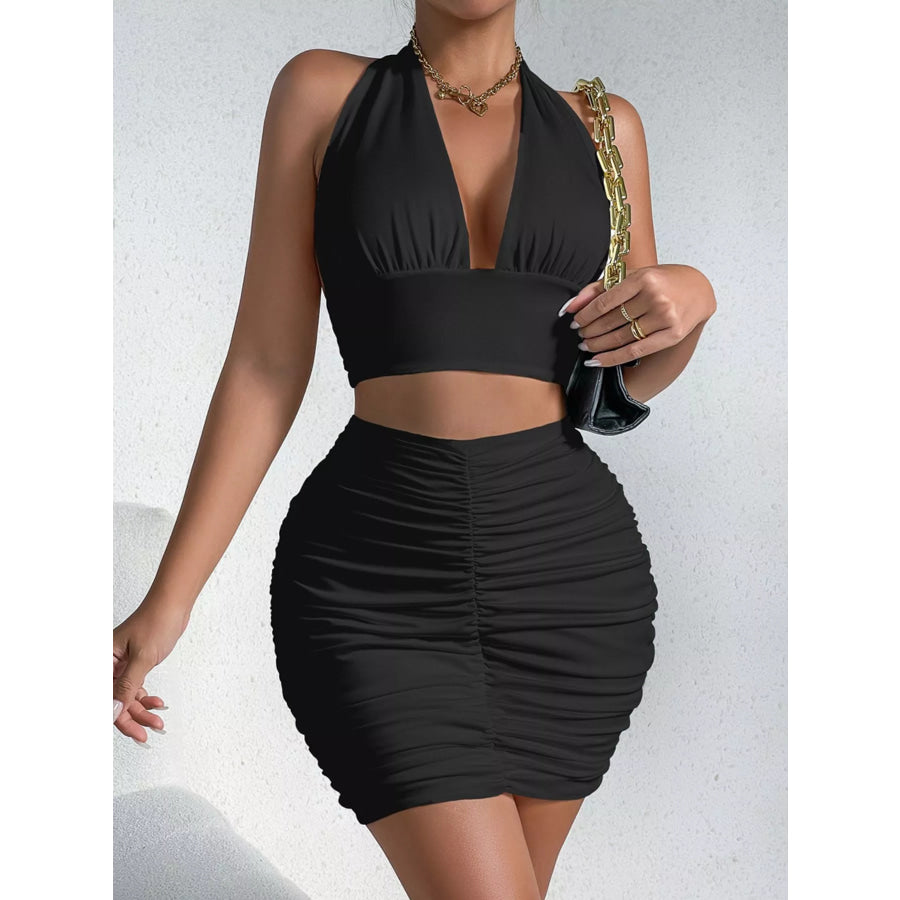 Halter Crop Top and Ruched Bodycon Mini Skirt Set Apparel Accessories