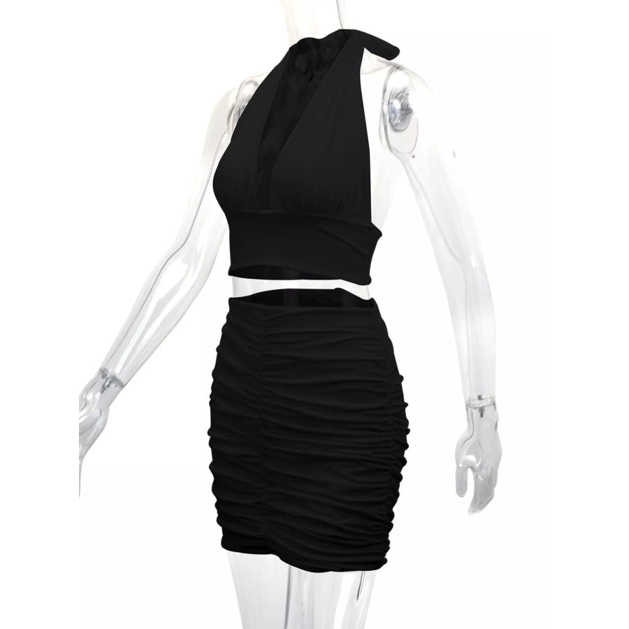 Halter Crop Top and Ruched Bodycon Mini Skirt Set Apparel Accessories