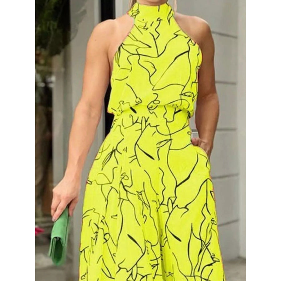 Halter Neck Abstract Print Wide Leg Jumpsuit Apparel and Accessories