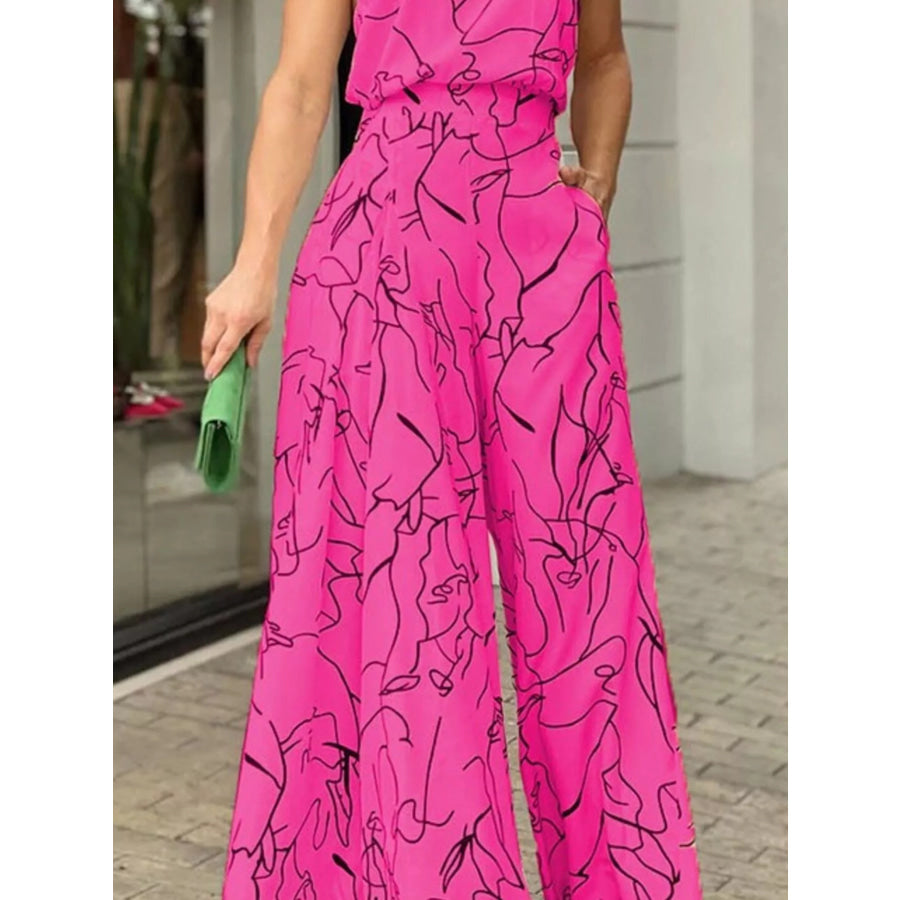Halter Neck Abstract Print Wide Leg Jumpsuit Apparel and Accessories