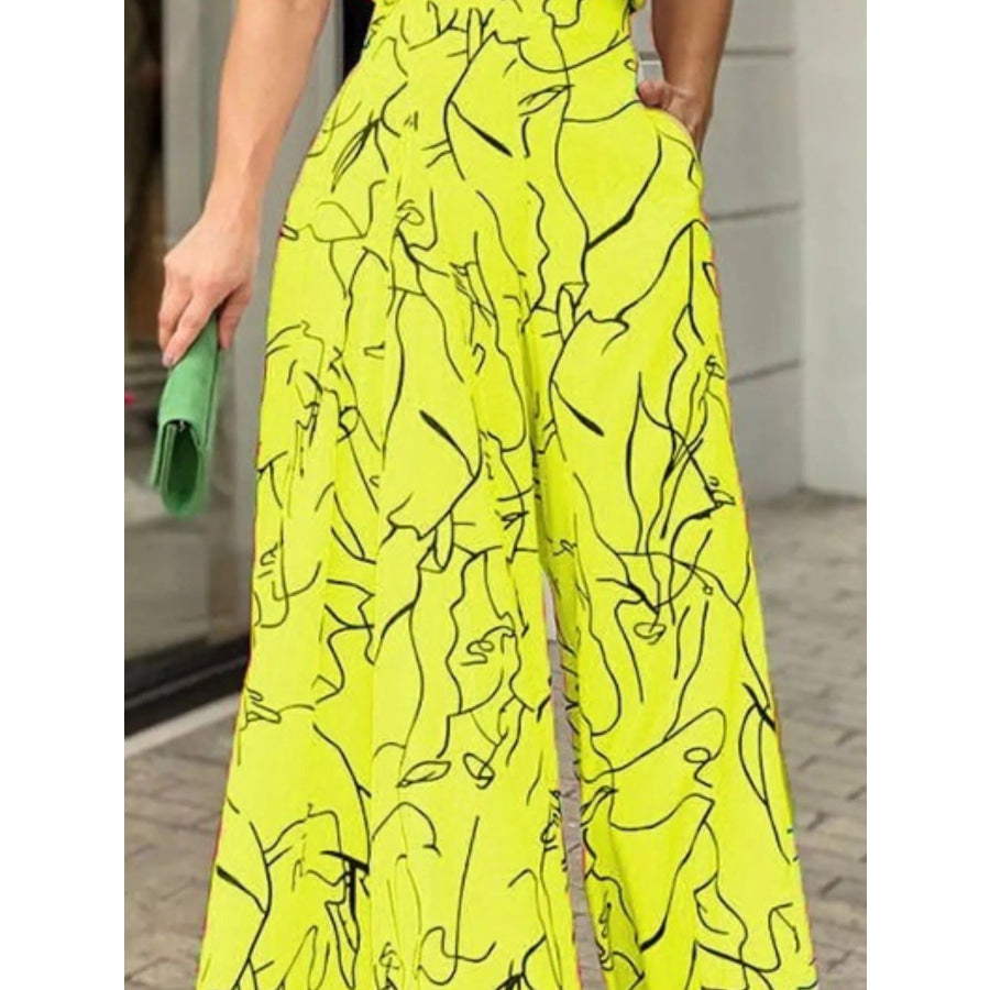 Halter Neck Abstract Print Wide Leg Jumpsuit Apparel and Accessories