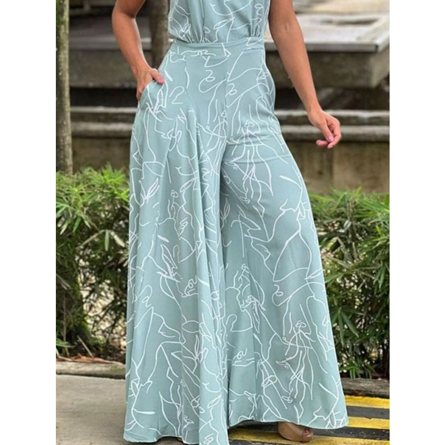 Halter Neck Abstract Print Wide Leg Jumpsuit Apparel and Accessories