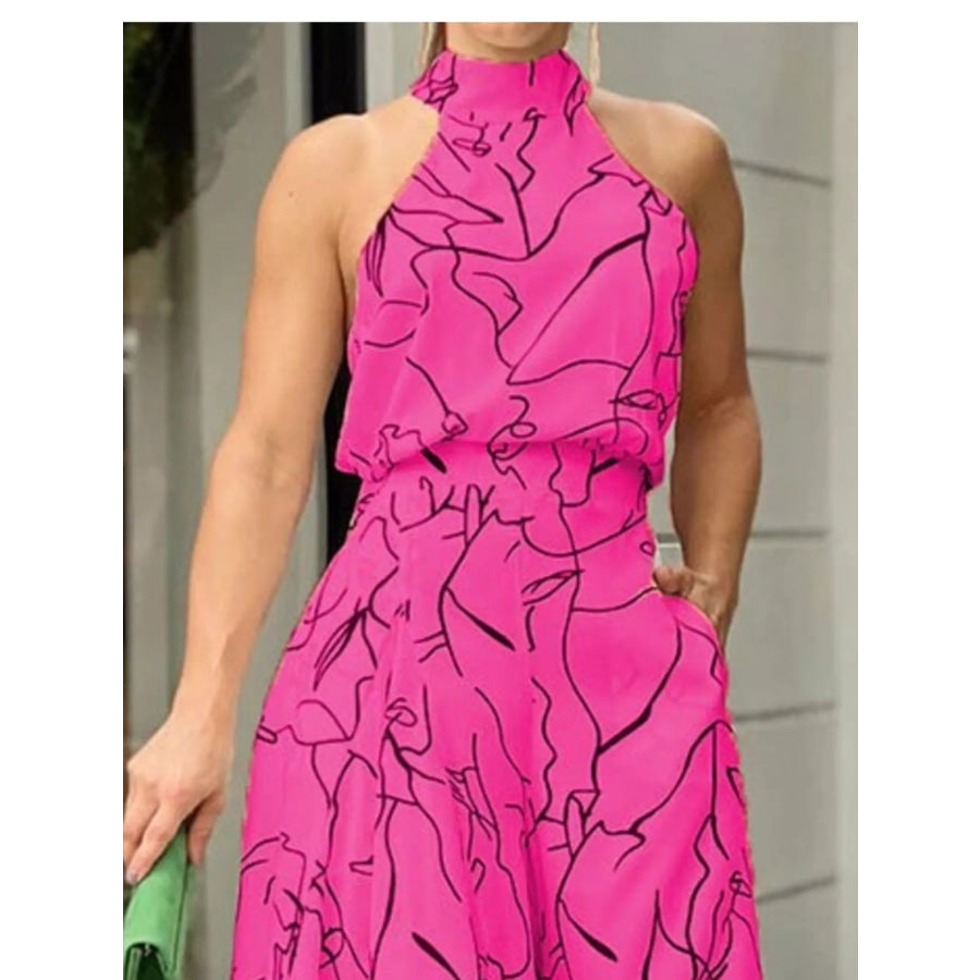 Halter Neck Abstract Print Wide Leg Jumpsuit Apparel and Accessories