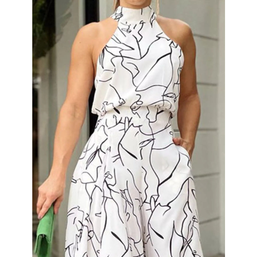 Halter Neck Abstract Print Wide Leg Jumpsuit Apparel and Accessories