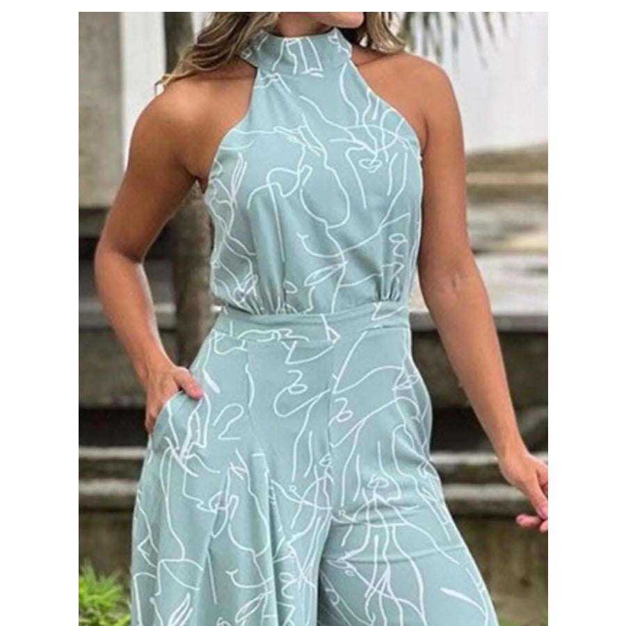 Halter Neck Abstract Print Wide Leg Jumpsuit Apparel and Accessories