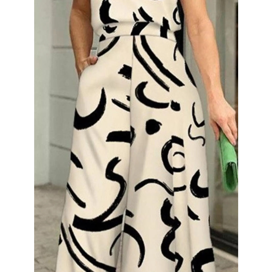 Halter Neck Abstract Print Wide Leg Jumpsuit Apparel and Accessories