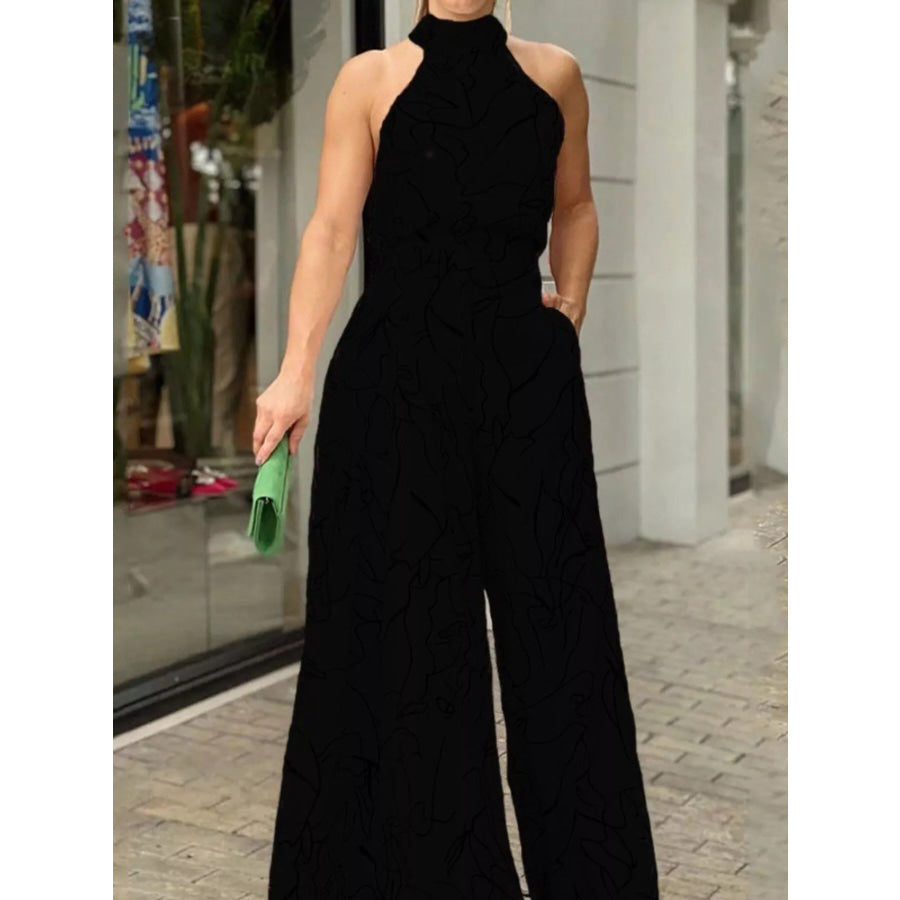 Halter Neck Abstract Print Wide Leg Jumpsuit Black / S Apparel and Accessories
