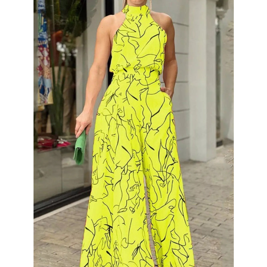 Halter Neck Abstract Print Wide Leg Jumpsuit Canary Yellow / S Apparel and Accessories
