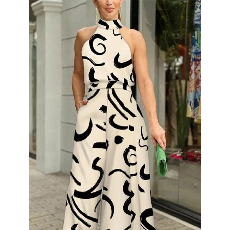 Halter Neck Abstract Print Wide Leg Jumpsuit Dust Storm / S Apparel and Accessories