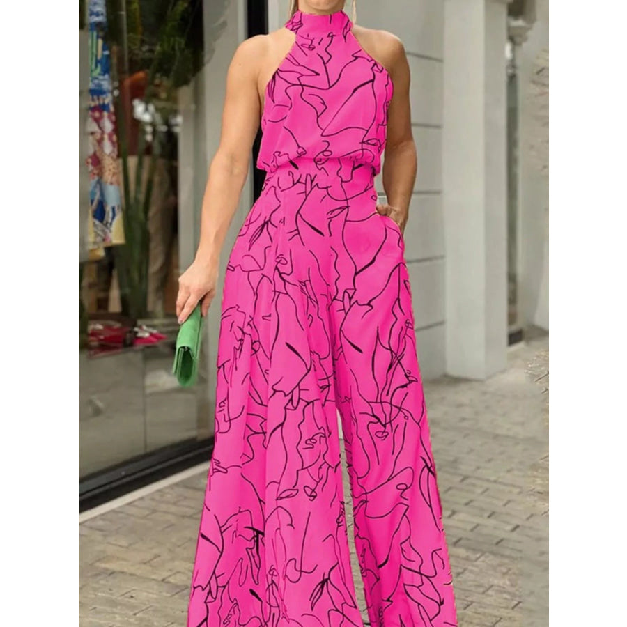 Halter Neck Abstract Print Wide Leg Jumpsuit Hot Pink / S Apparel and Accessories