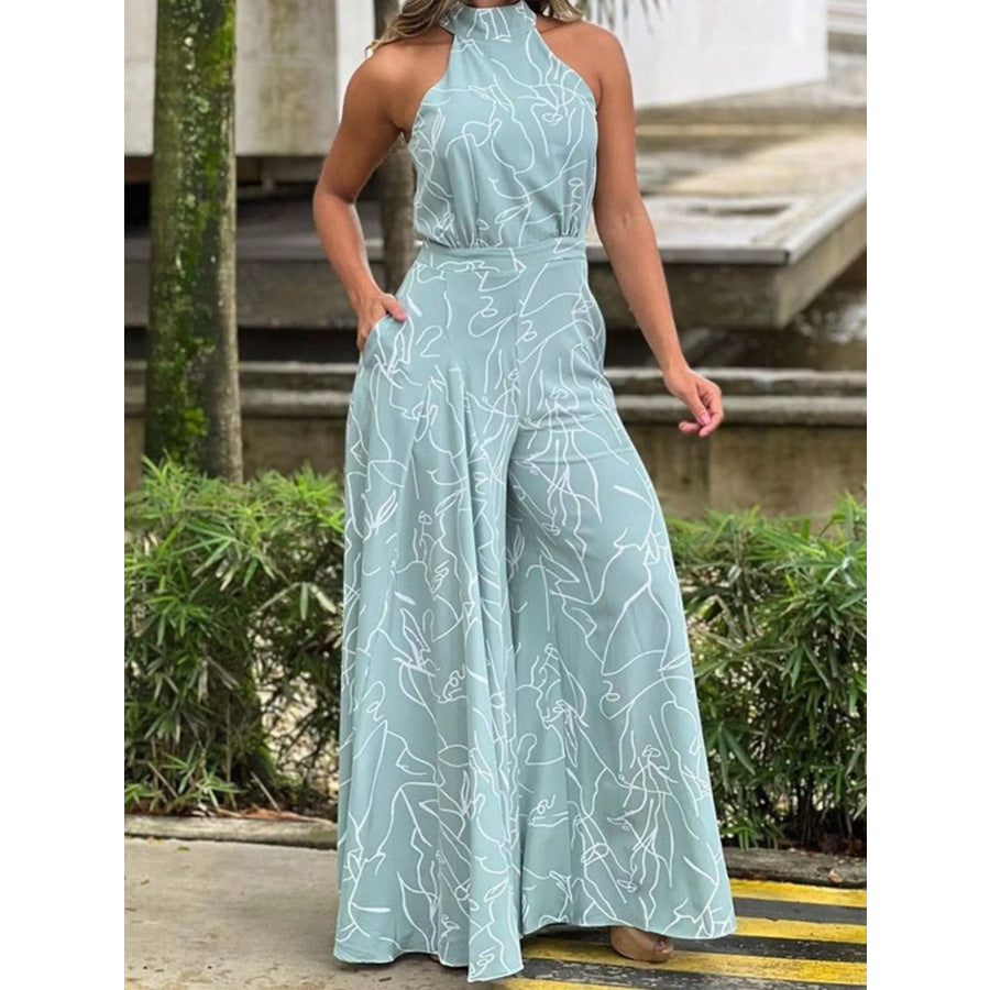 Halter Neck Abstract Print Wide Leg Jumpsuit Light Blue / S Apparel and Accessories